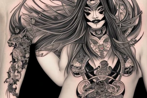 Female Samurai Woman Oni Intense Elaborate Intricate Comprehensive Detailed Gorgeous Vibrant tattoo idea