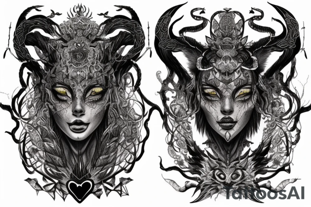 Smokey Pagan Runic Elaborate Intricate Comprehensive Demon woman gorgeous beautiful fierce Feral tattoo idea