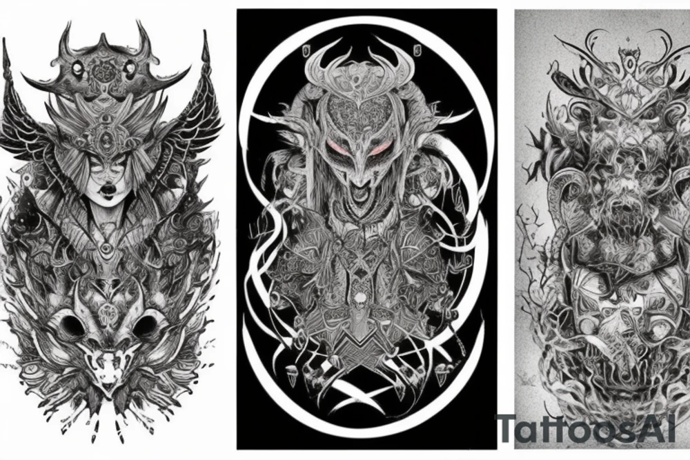 Smokey Pagan Runic Elaborate Intricate Comprehensive Demon woman gorgeous beautiful fierce Feral tattoo idea