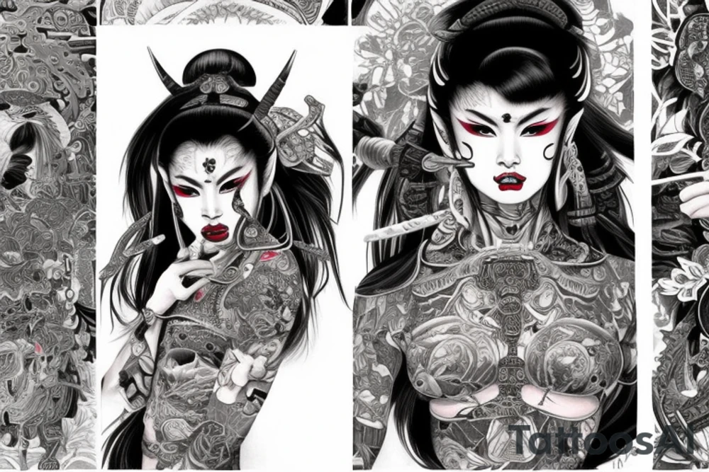 Female Samurai Woman Oni Intense Elaborate Intricate Comprehensive Detailed Gorgeous Vibrant tattoo idea