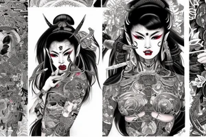 Female Samurai Woman Oni Intense Elaborate Intricate Comprehensive Detailed Gorgeous Vibrant tattoo idea