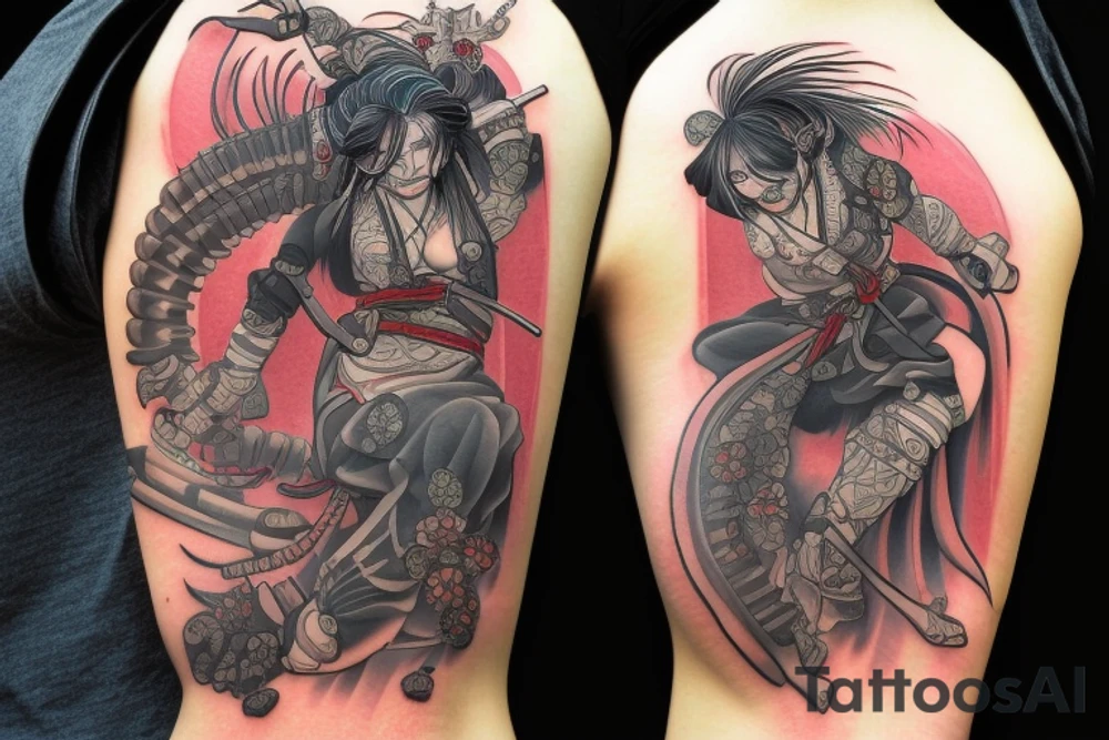 Female Samurai Woman Oni Intense Elaborate Intricate Comprehensive Detailed Gorgeous Vibrant tattoo idea