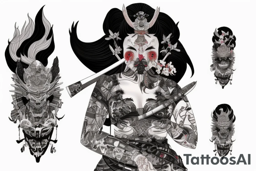 Female Samurai Woman Oni Intense Elaborate Intricate Comprehensive Detailed Gorgeous Vibrant tattoo idea