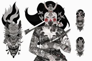 Female Samurai Woman Oni Intense Elaborate Intricate Comprehensive Detailed Gorgeous Vibrant tattoo idea