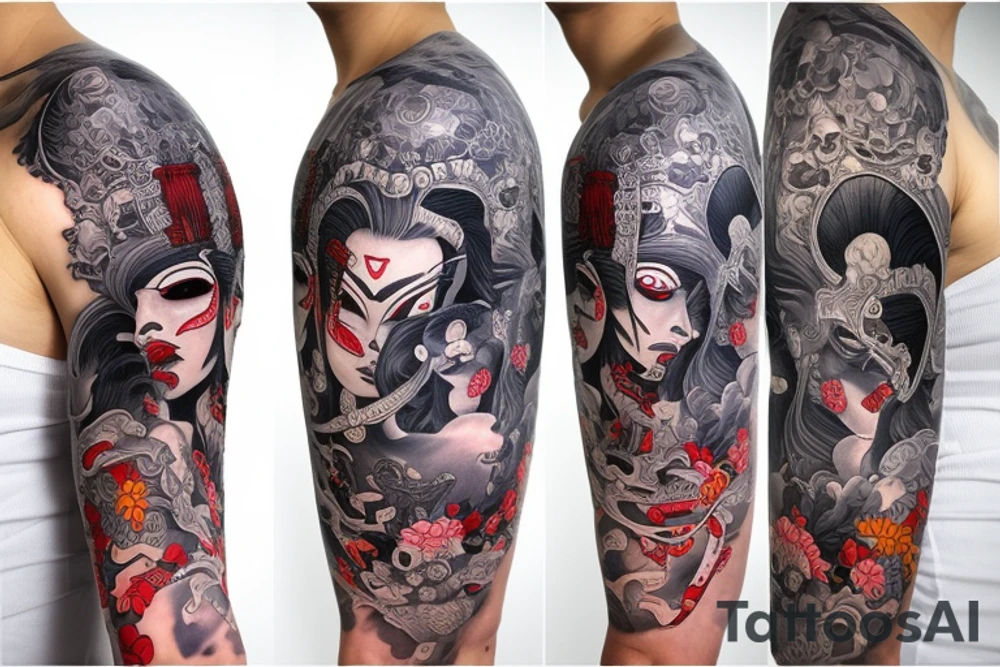 Female Samurai Woman Oni Intense Elaborate Intricate Comprehensive Detailed Gorgeous Vibrant tattoo idea