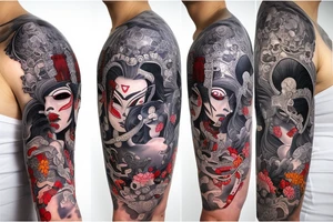 Female Samurai Woman Oni Intense Elaborate Intricate Comprehensive Detailed Gorgeous Vibrant tattoo idea