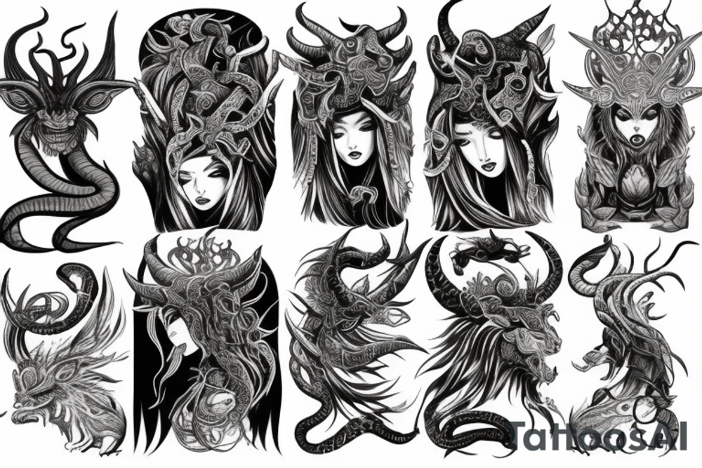 Oriental
Runic Elaborate Intricate Comprehensive Demon woman gorgeous beautiful Feral Chaos tattoo idea