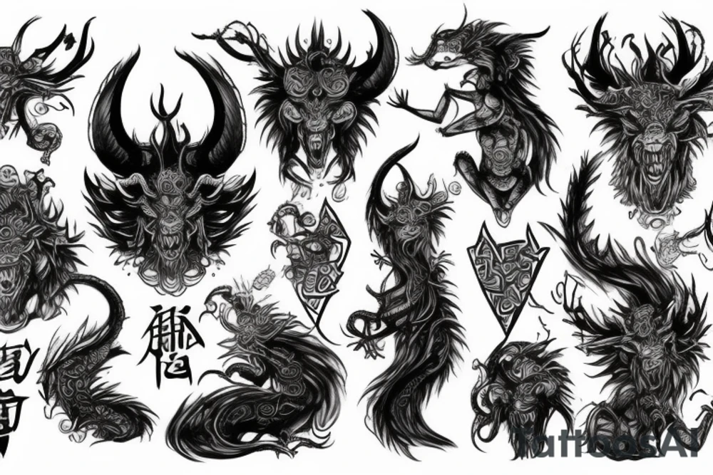 Oriental
Runic Elaborate Intricate Comprehensive Demon woman gorgeous beautiful Feral Chaos tattoo idea