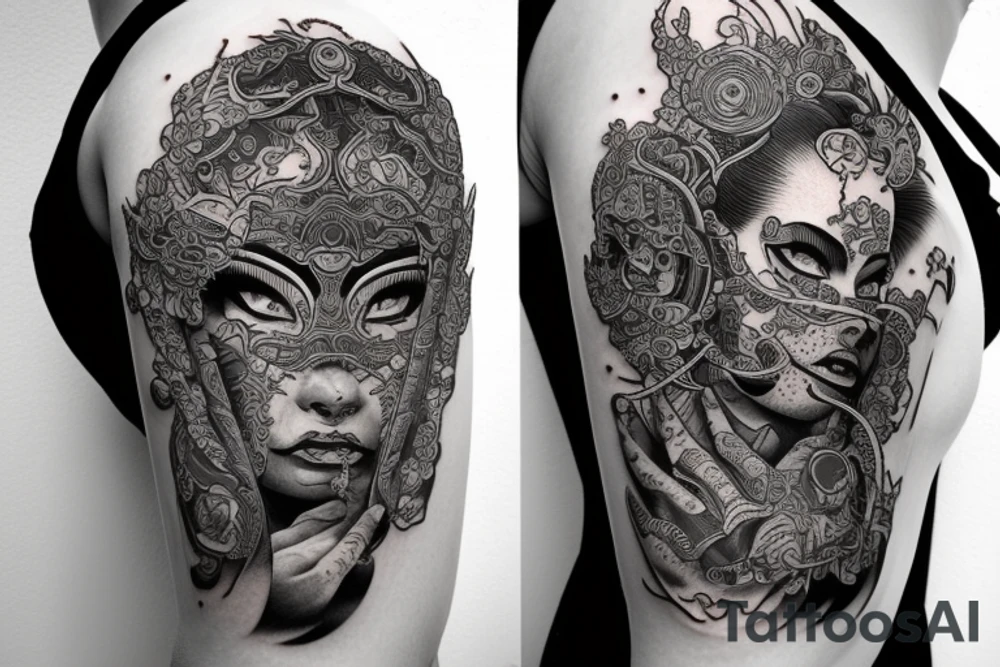 Female Samurai Woman Oni Intense Elaborate Intricate Comprehensive Detailed Gorgeous Vibrant tattoo idea