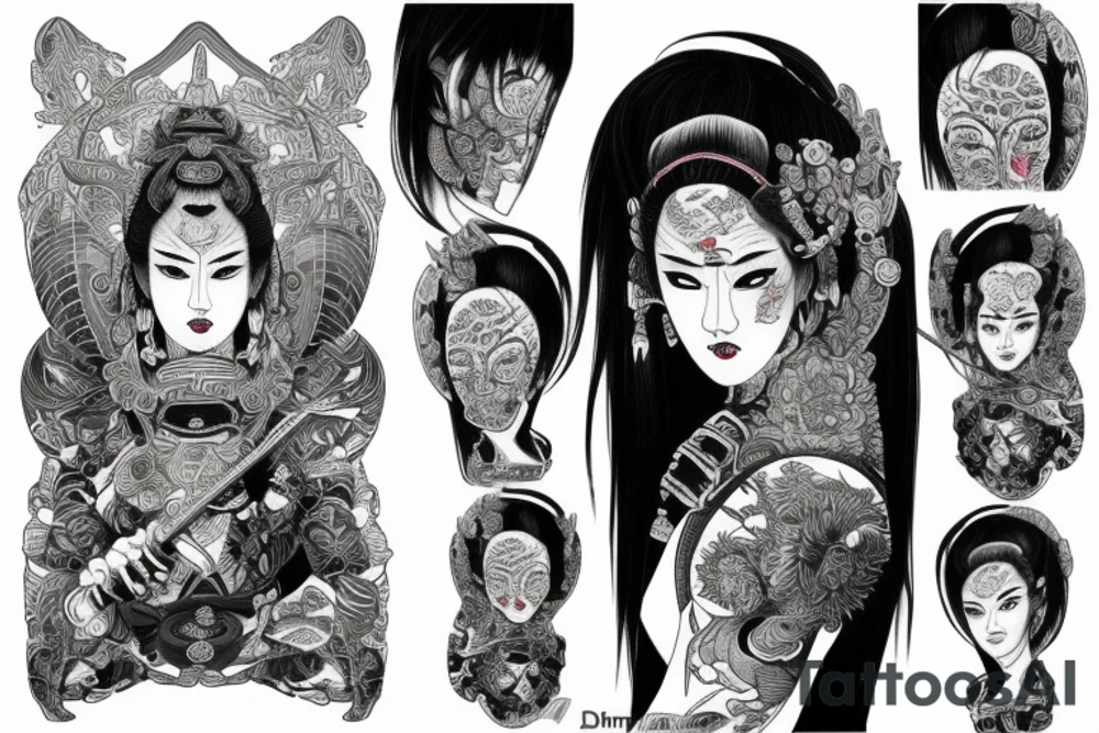 Female Samurai Woman Oni Intense Elaborate Intricate Comprehensive Detailed Gorgeous Vibrant tattoo idea