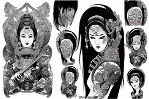 Female Samurai Woman Oni Intense Elaborate Intricate Comprehensive Detailed Gorgeous Vibrant tattoo idea