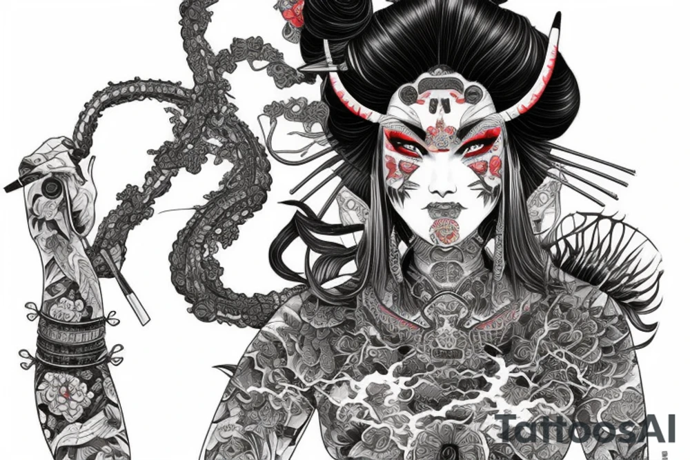 Female Samurai Woman Oni Intense Elaborate Intricate Comprehensive Detailed Gorgeous Vibrant tattoo idea