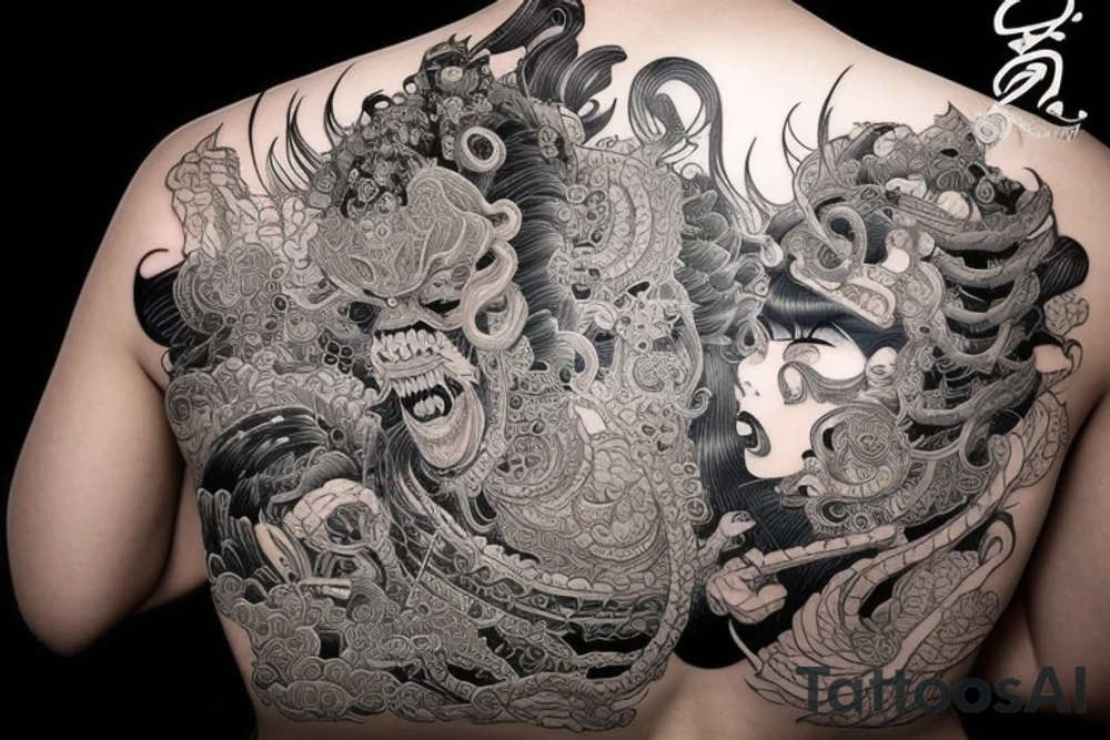 Female Samurai Woman Oni Intense Elaborate Intricate Comprehensive Detailed Gorgeous Vibrant tattoo idea