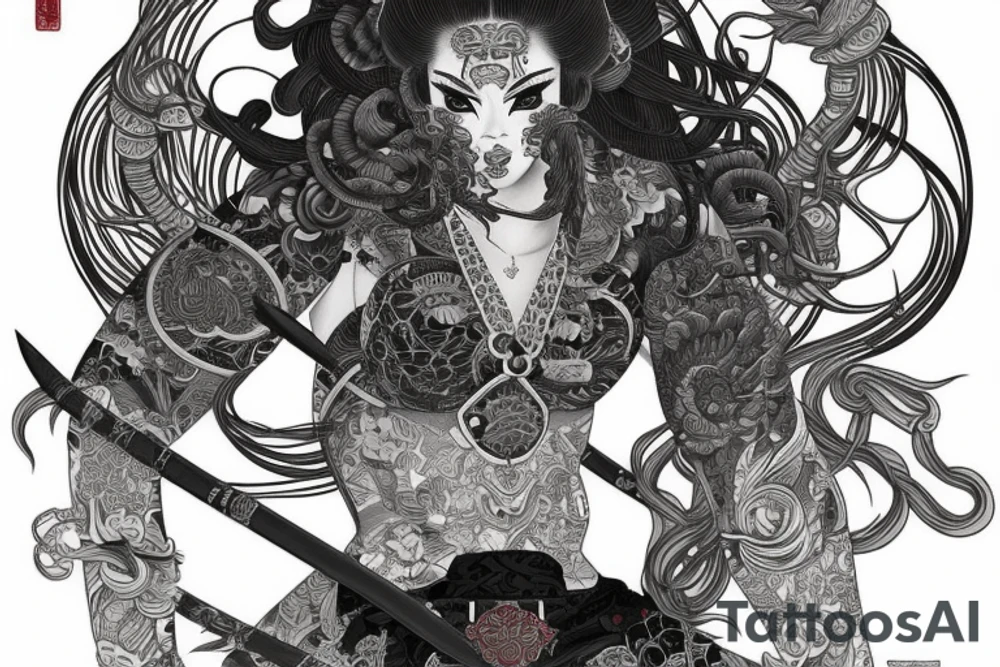 Female Samurai Woman Oni Intense Elaborate Intricate Comprehensive Detailed Gorgeous Vibrant tattoo idea