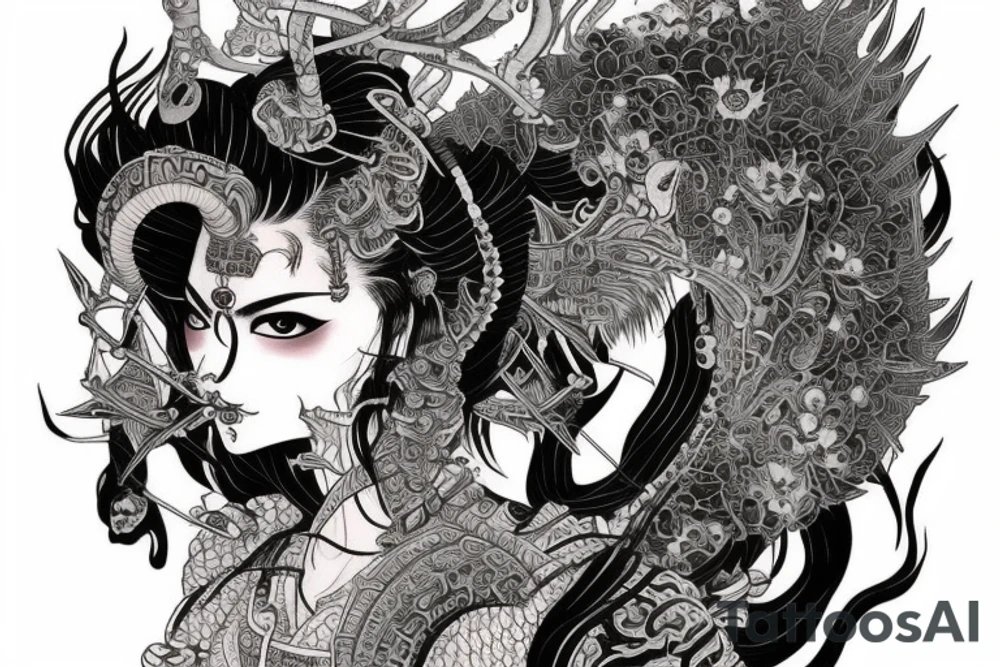 Female Samurai Woman Oni Intense Elaborate Intricate Comprehensive Detailed Gorgeous Vibrant tattoo idea