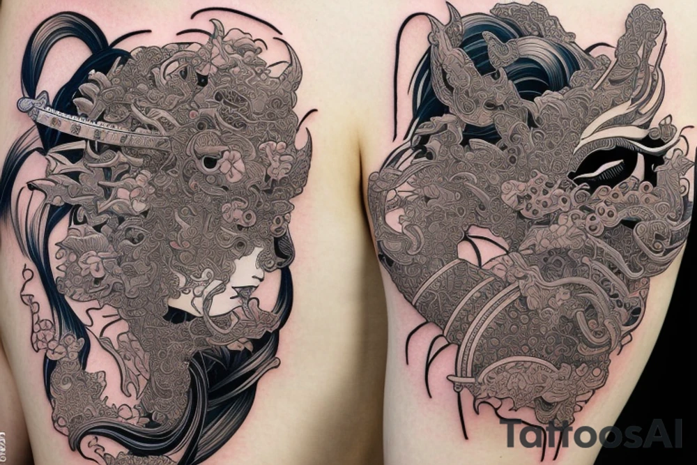 Female Samurai Woman Oni Intense Elaborate Intricate Comprehensive Detailed Gorgeous Vibrant tattoo idea