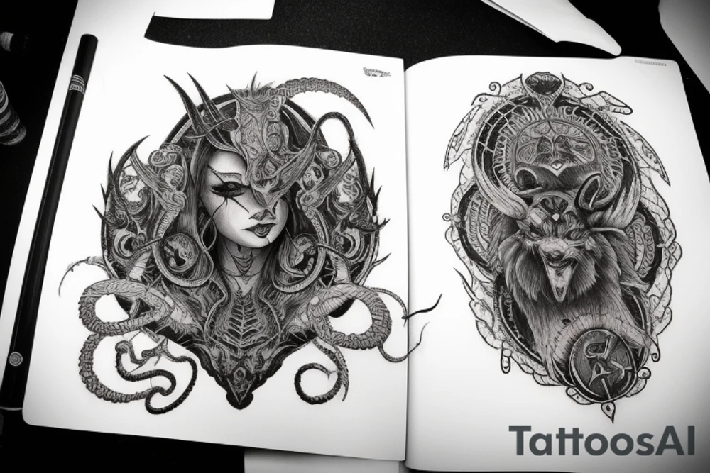 Smokey Pagan Runic Elaborate Intricate Comprehensive Demon woman gorgeous beautiful fierce Feral tattoo idea