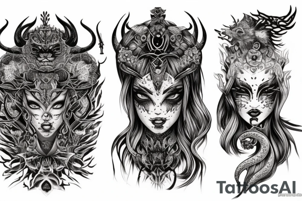Smokey Pagan Runic Elaborate Intricate Comprehensive Demon woman gorgeous beautiful fierce Feral tattoo idea