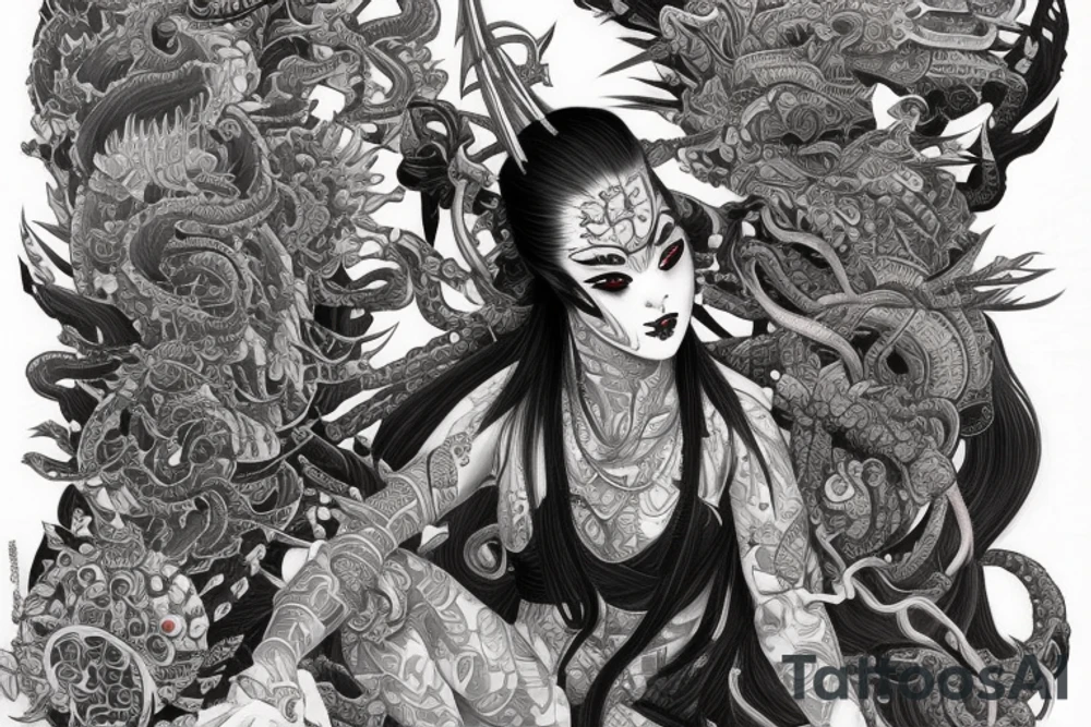 Female Samurai Woman Oni Intense Elaborate Intricate Comprehensive Detailed Gorgeous Vibrant tattoo idea