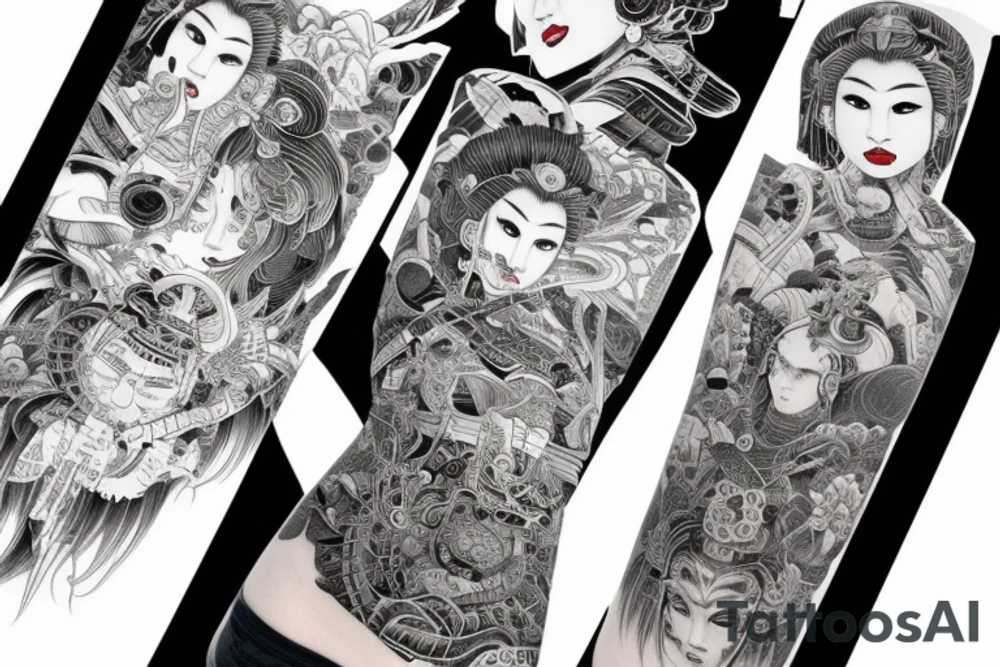 Female Samurai Woman Oni Intense Elaborate Intricate Comprehensive Detailed Gorgeous Vibrant tattoo idea