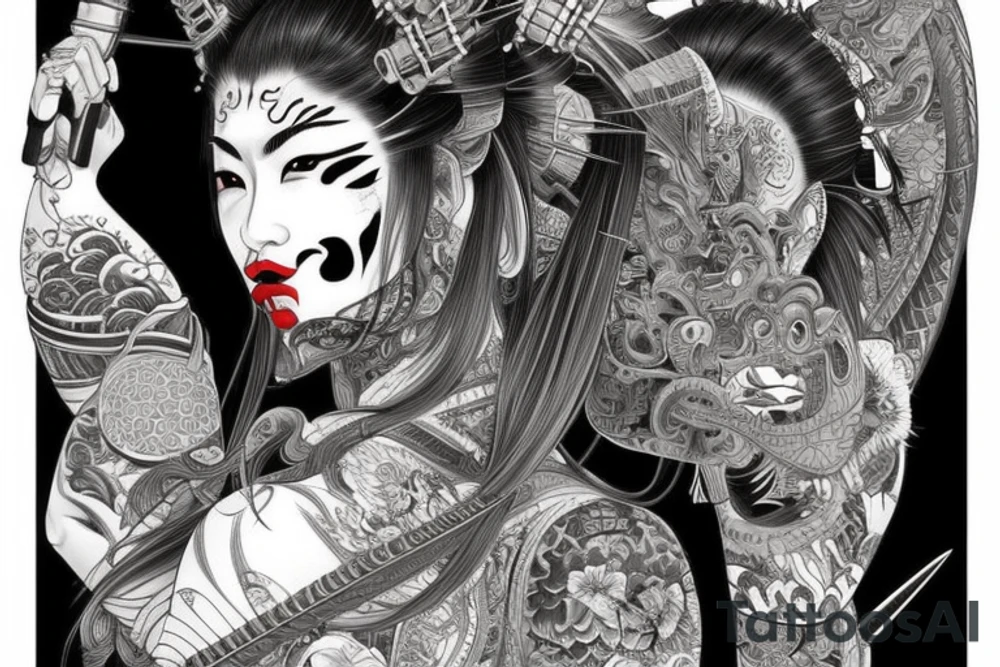 Female Samurai Woman Oni Intense Elaborate Intricate Comprehensive Detailed Gorgeous Vibrant tattoo idea