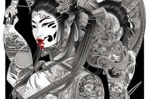 Female Samurai Woman Oni Intense Elaborate Intricate Comprehensive Detailed Gorgeous Vibrant tattoo idea