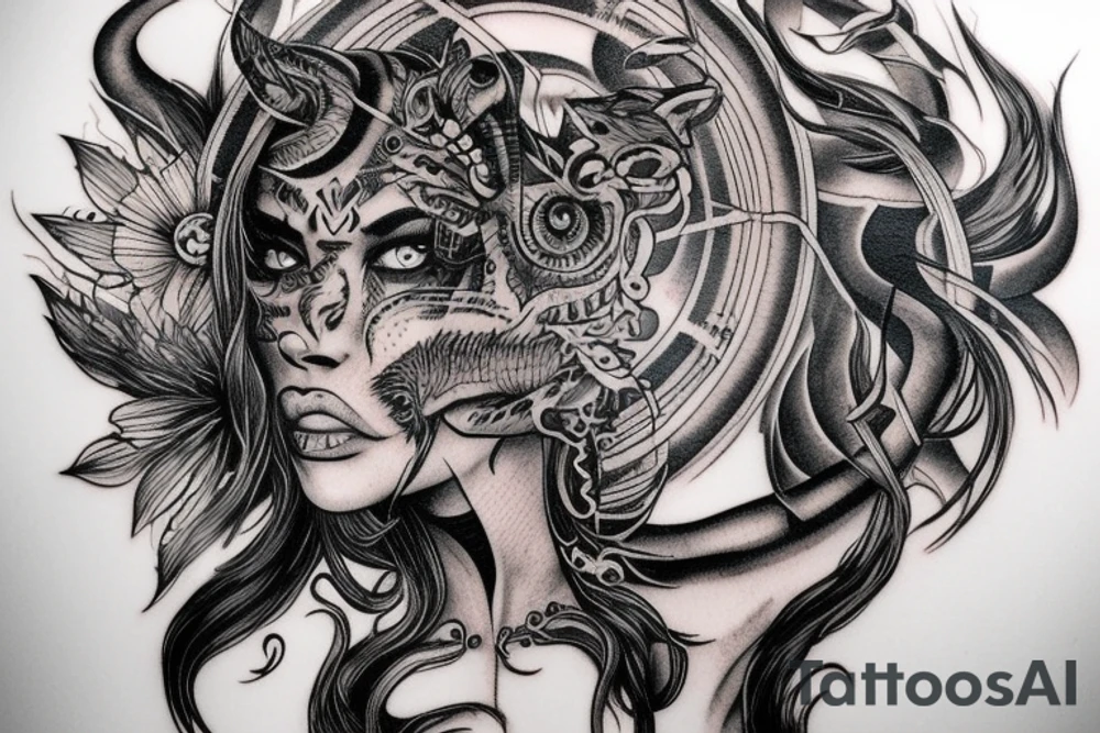 Smokey Pagan Runic Elaborate Intricate Comprehensive Demon woman gorgeous beautiful fierce Feral tattoo idea