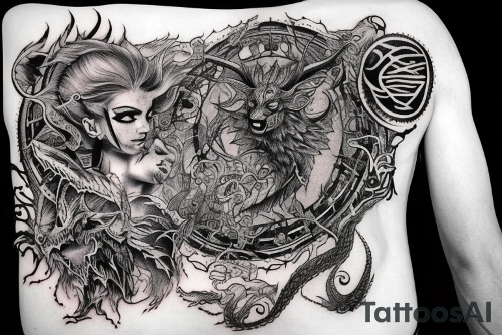 Smokey Pagan Runic Elaborate Intricate Comprehensive Demon woman gorgeous beautiful fierce Feral tattoo idea