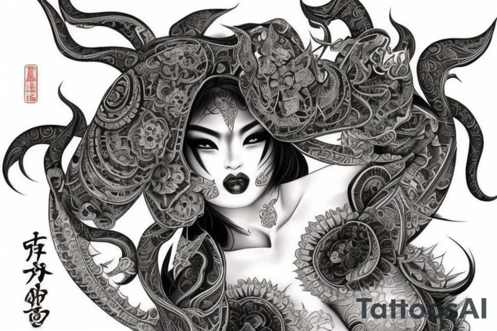 Female Oriental Woman Oni Intense Elaborate Intricate Comprehensive Detailed Gorgeous Vibrant tattoo idea
