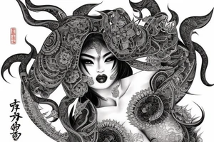 Female Oriental Woman Oni Intense Elaborate Intricate Comprehensive Detailed Gorgeous Vibrant tattoo idea