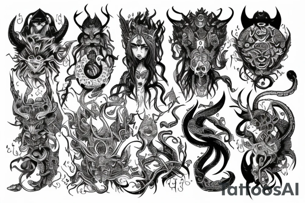 Oriental 
Runic Elaborate Intricate Comprehensive Demon woman gorgeous beautiful Feral Chaos tattoo idea