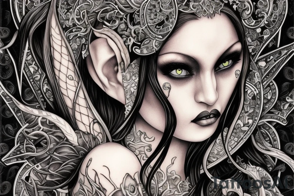 Female Elven Woman Oni Intense Elaborate Intricate Comprehensive Detailed Gorgeous Vibrant tattoo idea