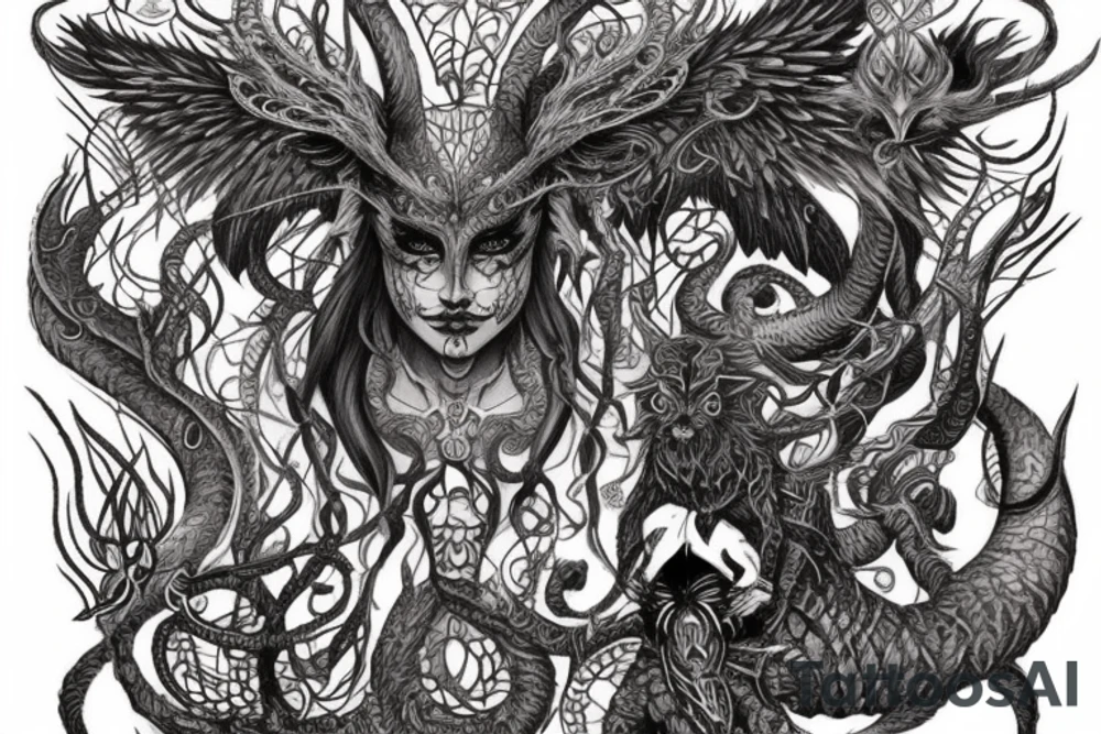 Smokey Pagan Runic Elaborate Intricate Comprehensive Demon woman gorgeous beautiful fierce Feral tattoo idea