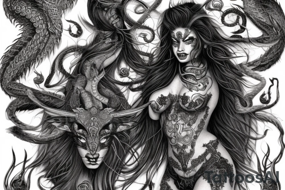 Smokey Pagan Runic Elaborate Intricate Comprehensive Demon woman gorgeous beautiful fierce Feral tattoo idea