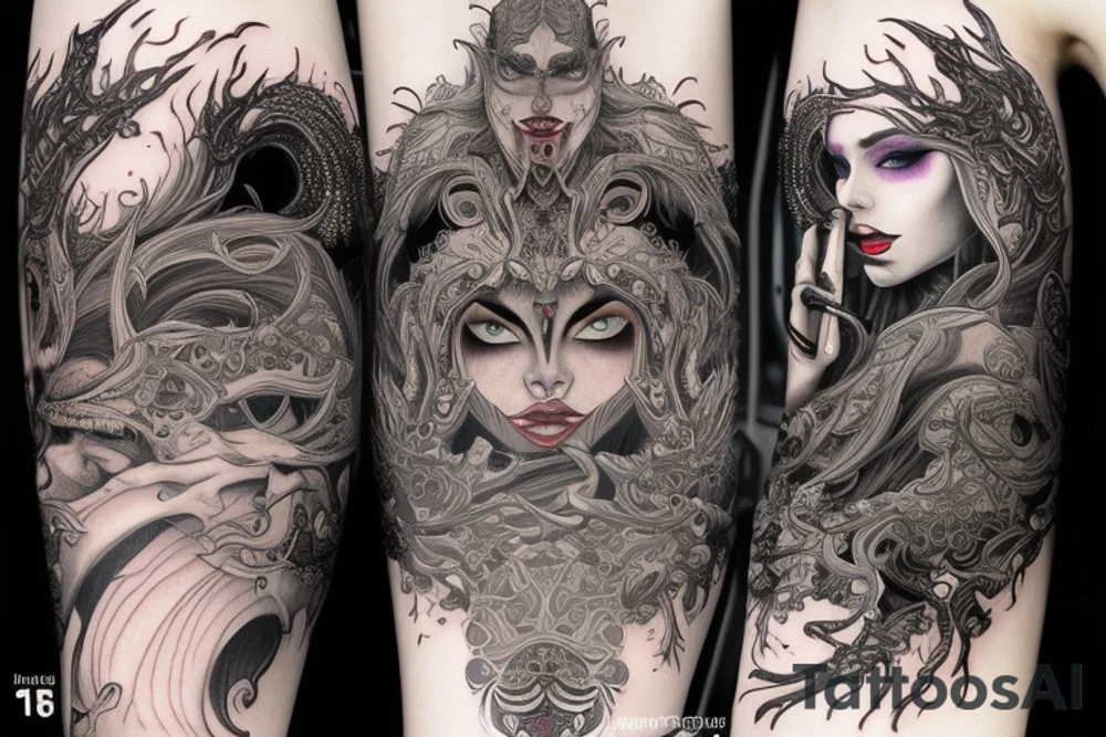 Female Elven Woman Oni Intense Elaborate Intricate Comprehensive Detailed Gorgeous Vibrant tattoo idea