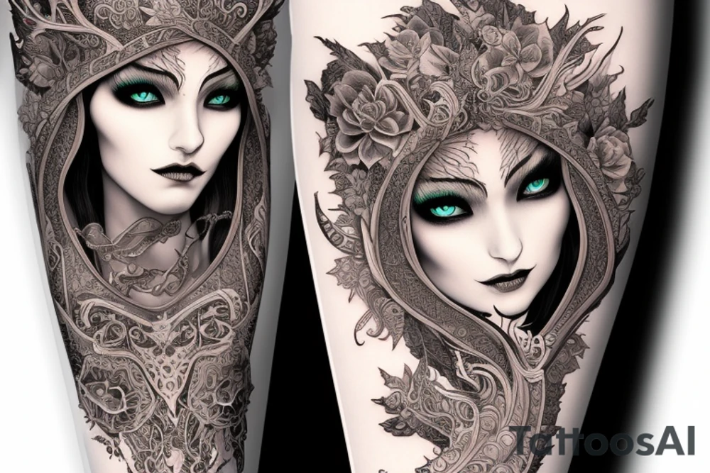 Female Elven Woman Oni Intense Elaborate Intricate Comprehensive Detailed Gorgeous Vibrant tattoo idea