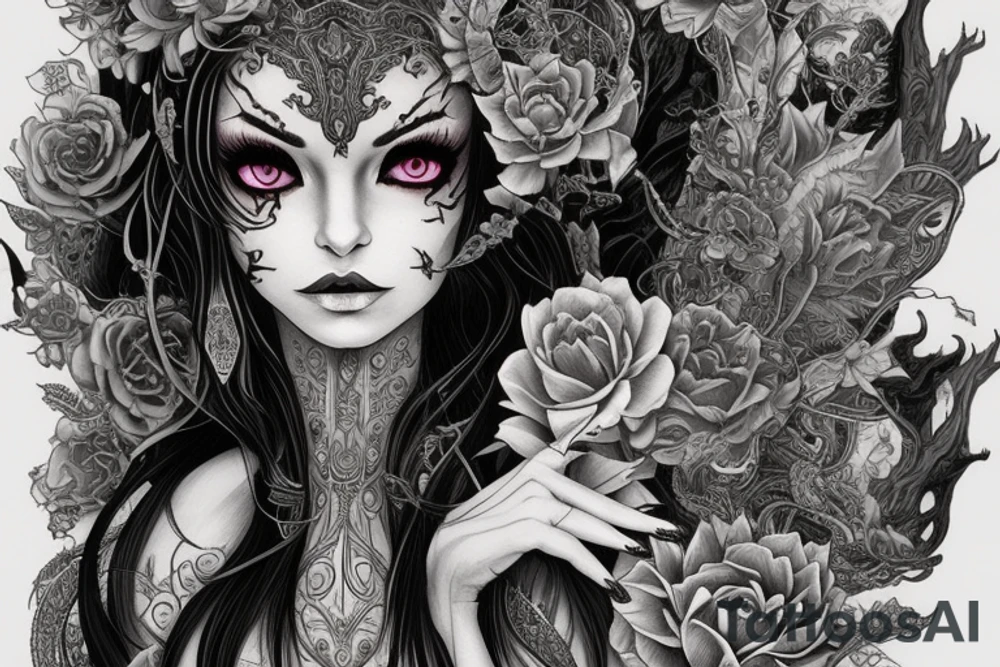 Female Elven Woman Oni Intense Elaborate Intricate Comprehensive Detailed Gorgeous Vibrant tattoo idea