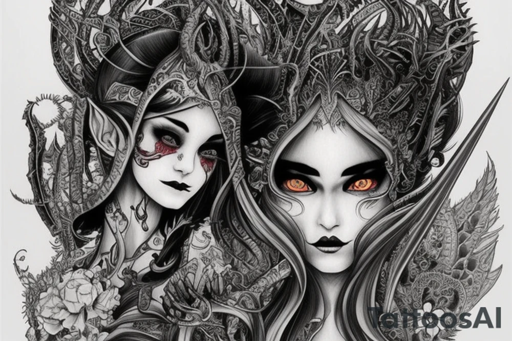 Female Elven Woman Oni Intense Elaborate Intricate Comprehensive Detailed Gorgeous Vibrant tattoo idea