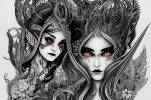 Female Elven Woman Oni Intense Elaborate Intricate Comprehensive Detailed Gorgeous Vibrant tattoo idea