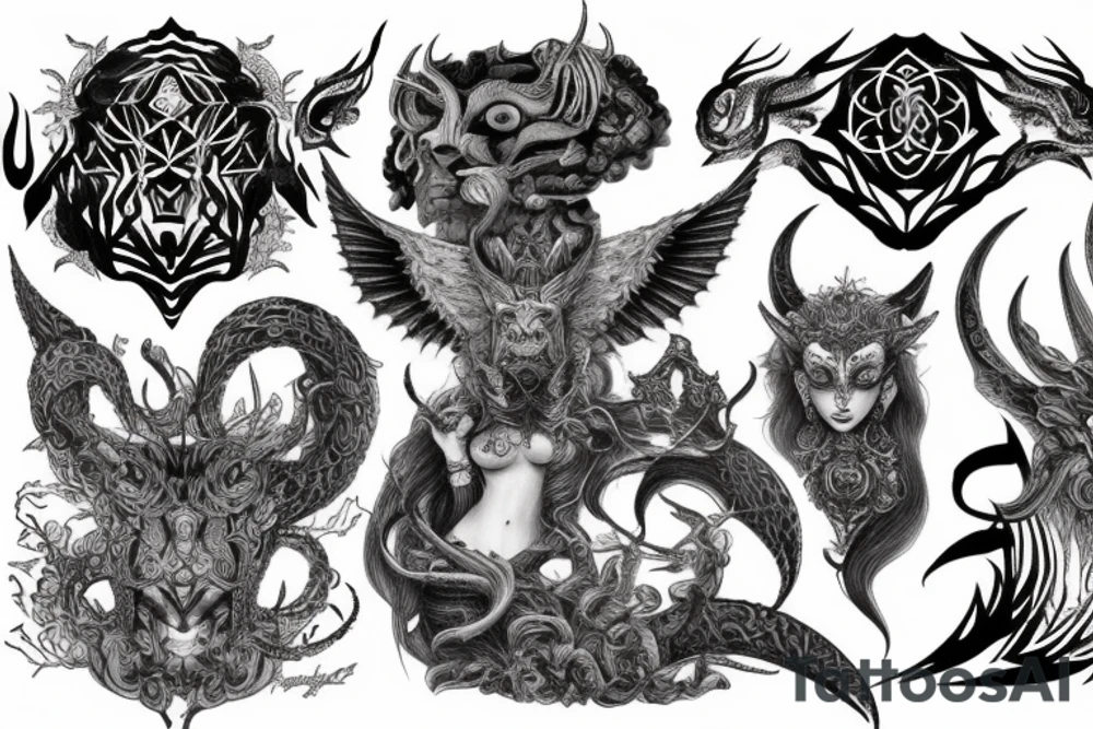 Smokey Pagan Runic Elaborate Intricate Comprehensive Demon woman gorgeous beautiful fierce Feral tattoo idea