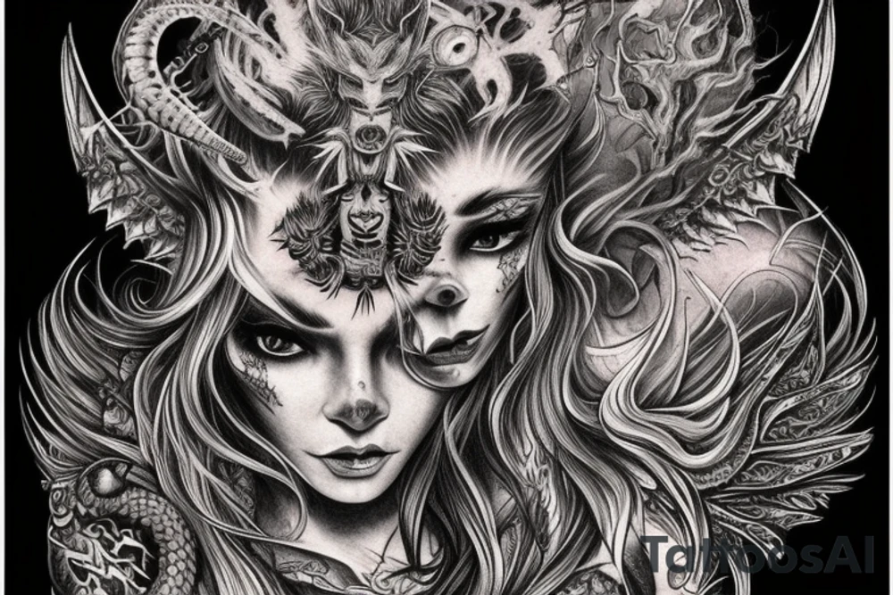 Smokey Pagan Runic Elaborate Intricate Comprehensive Demon woman gorgeous beautiful fierce Feral tattoo idea