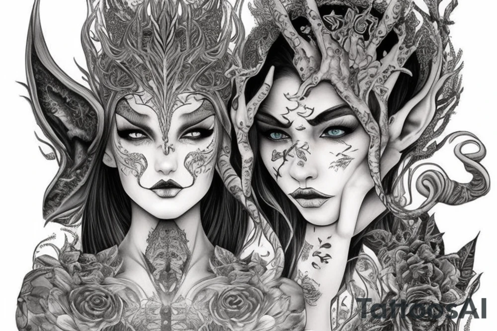 Female Elven Woman Oni Intense Elaborate Intricate Comprehensive Detailed Gorgeous Vibrant tattoo idea