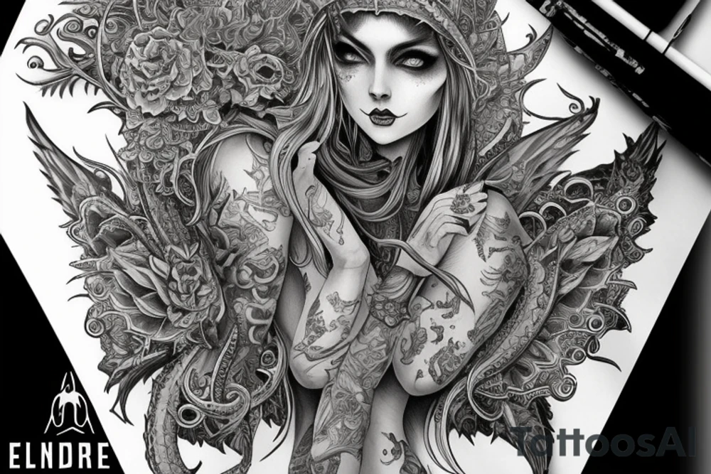 Female Elven Woman Oni Intense Elaborate Intricate Comprehensive Detailed Gorgeous Vibrant tattoo idea