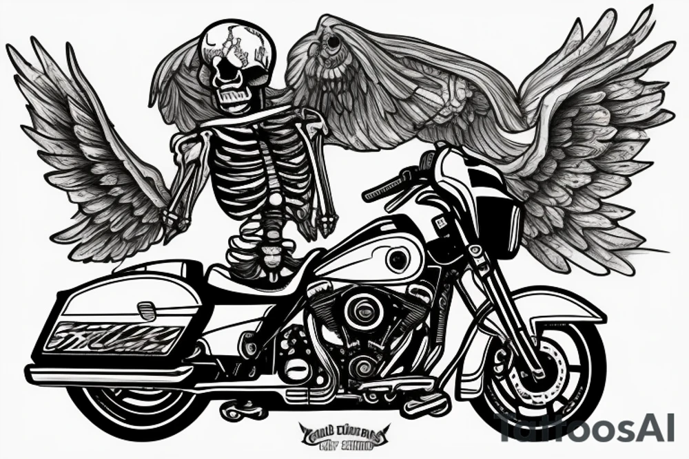 A SKELETON RIDING A Harley Davidson STREET GLIDE THROUGH A DFRAMATIC OLD DESTERTED TOWN tattoo idea