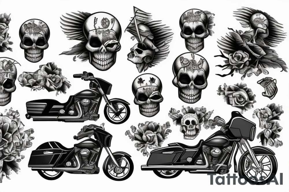 A SKELETON RIDING A Harley Davidson STREET GLIDE THROUGH A DFRAMATIC OLD DESTERTED TOWN tattoo idea