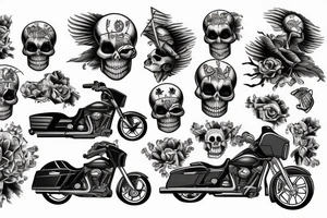 A SKELETON RIDING A Harley Davidson STREET GLIDE THROUGH A DFRAMATIC OLD DESTERTED TOWN tattoo idea
