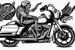 A SKELETON RIDING A Harley Davidson STREET GLIDE THROUGH A DFRAMATIC OLD DESTERTED TOWN tattoo idea