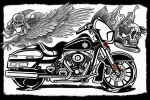 A SKELETON RIDING A Harley Davidson STREET GLIDE THROUGH A DFRAMATIC OLD DESTERTED TOWN tattoo idea