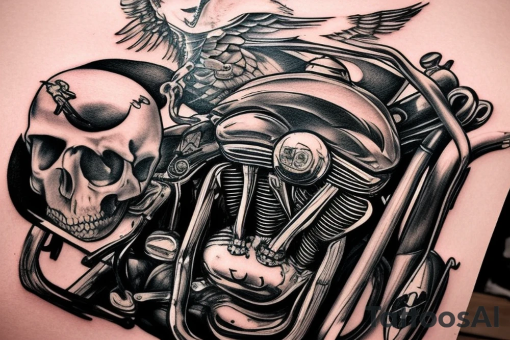 FULL BACK PIECE SKELETON RIDING A Harley Davidson STREET GLIDE THROUGH A DFRAMATIC OLD DESTERTED TOWN tattoo idea