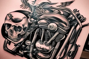 FULL BACK PIECE SKELETON RIDING A Harley Davidson STREET GLIDE THROUGH A DFRAMATIC OLD DESTERTED TOWN tattoo idea